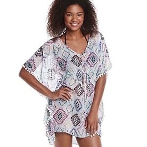 Swimsuit Cover Women XL Purple Geometric Ikat Pom Pom Trim Kaftan Beach Cover Up